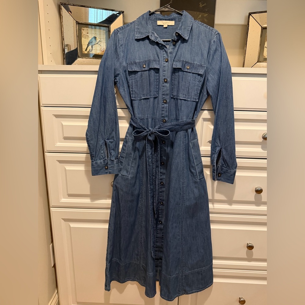 Loft Denim Shirt Dress with Tie Waist and Pockets